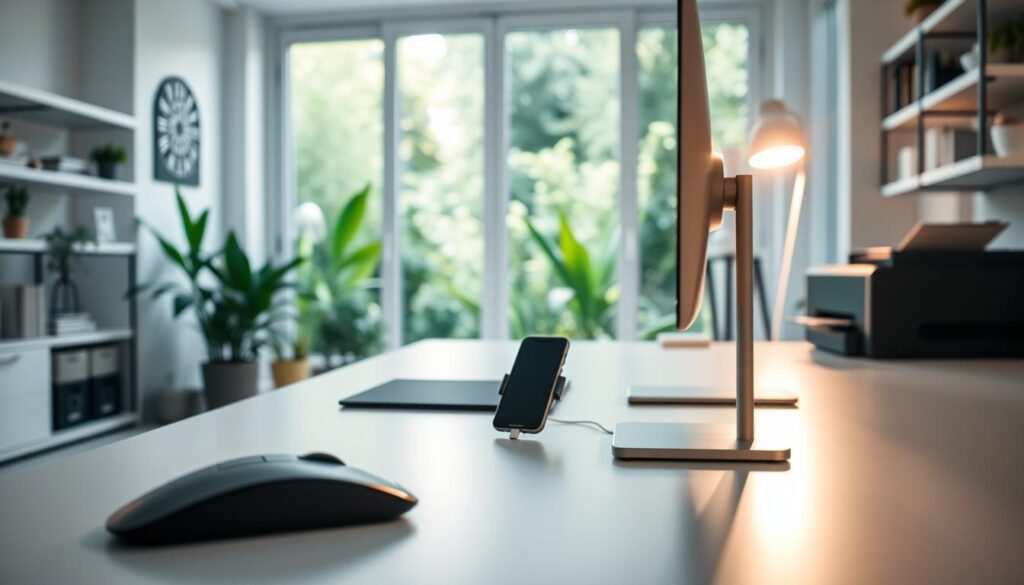 A bright, airy home office with a sleek, minimalist workspace. In the foreground, a wireless mouse and keyboard rest on a clean, white desk, while a wireless charging pad powers a smartphone. In the middle ground, a modern monitor displays digital content, supported by a minimalist metal stand. Subtle ambient lighting illuminates the scene, casting a warm, productive glow. In the background, a large window overlooks a lush, verdant garden, creating a sense of tranquility and inspiration. Clutter-free shelves and a wireless printer seamlessly integrate technology into the efficient, ergonomic space.