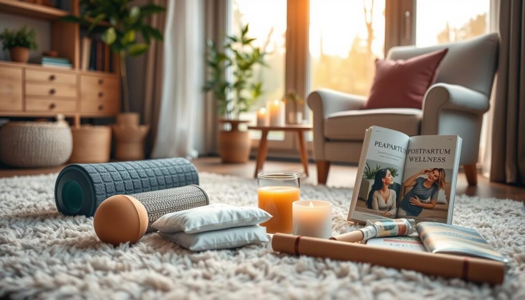 A cozy home interior with warm, soft lighting and a soothing, calming atmosphere. In the foreground, an assortment of tools and accessories for back pain relief, including a foam roller, a lacrosse ball, heat/cold packs, and a massage stick. These items are arranged neatly on a plush, neutral-colored rug. In the middle ground, a comfortable armchair and a side table with a soothing scented candle, a cup of tea, and a book on postpartum wellness. The background features a large window, allowing natural light to filter in and providing a serene, tranquil view of a peaceful outdoor setting. A cozy home interior with warm, soft lighting and a soothing, calming atmosphere. In the foreground, an assortment of tools and accessories for back pain relief, including a foam roller, a lacrosse ball, heat/cold packs, and a massage stick. These items are arranged neatly on a plush, neutral-colored rug. In the middle ground, a comfortable armchair and a side table with a soothing scented candle, a cup of tea, and a book on postpartum wellness. The background features a large window, allowing natural light to filter in and providing a serene, tranquil view of a peaceful outdoor setting.