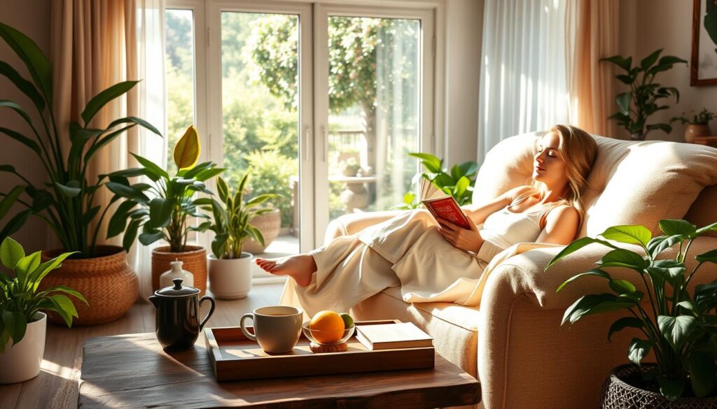 A cozy, sun-drenched living room with a woman lounging on a plush, oversized armchair. Soft natural lighting floods the space, casting a warm, calming glow. In the foreground, a tray with a steaming mug, a bowl of fresh fruit, and a stack of books sits on a rustic wooden side table. Lush, vibrant houseplants accent the scene, adding to the serene, rejuvenating atmosphere. In the background, a large window overlooking a tranquil garden, with wispy sheer curtains gently swaying. The woman, dressed in comfortable, flowing attire, is engrossed in a book, her expression peaceful and content, embodying the essence of self-care and mindful wellness. A cozy, sun-drenched living room with a woman lounging on a plush, oversized armchair. Soft natural lighting floods the space, casting a warm, calming glow. In the foreground, a tray with a steaming mug, a bowl of fresh fruit, and a stack of books sits on a rustic wooden side table. Lush, vibrant houseplants accent the scene, adding to the serene, rejuvenating atmosphere. In the background, a large window overlooking a tranquil garden, with wispy sheer curtains gently swaying. The woman, dressed in comfortable, flowing attire, is engrossed in a book, her expression peaceful and content, embodying the essence of self-care and mindful wellness.