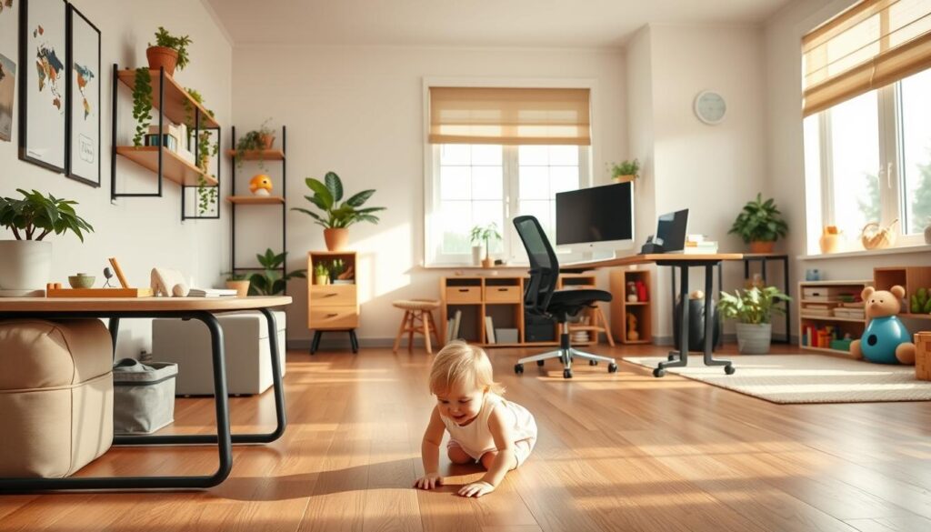 A warm, well-lit home office with a young child playing safely on the floor. In the foreground, toddler-proof furniture and accessories like rounded tables, padded corners, and secure storage for office supplies. The middle ground features a standing desk with an ergonomic chair, a large monitor, and a plants for a natural touch. In the background, shelves with educational toys, a reading nook, and large windows allowing soft, natural light to fill the space. The overall mood is cozy, inviting, and thoughtfully designed to prioritize both productivity and child safety.