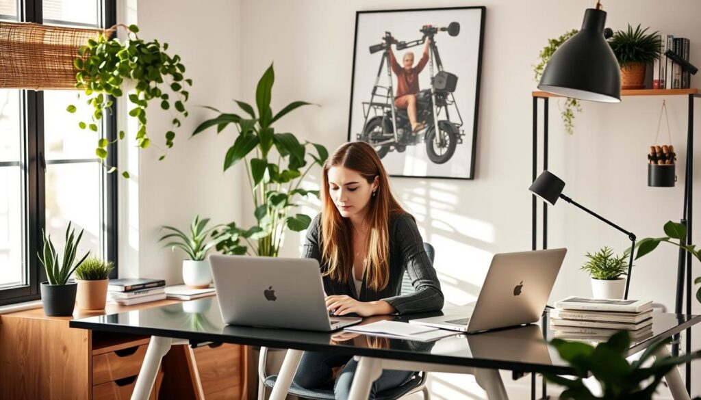 A home office setting with a woman working at a desk 