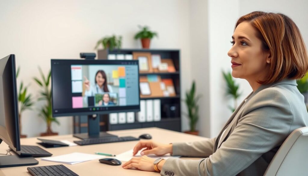 A modern, well-lit office setting. In the foreground, a woman in business attire sits at a desk, engaged in a video call with her employer. Her facial expression conveys thoughtfulness and openness. In the middle ground, a colorful bulletin board with notes and calendar items hints at her postpartum needs. In the background, a bookshelf and potted plants create a warm, professional atmosphere. The lighting is soft and even, creating a sense of balance and clarity. The camera angle is slightly elevated, giving a sense of authority and confidence to the scene.