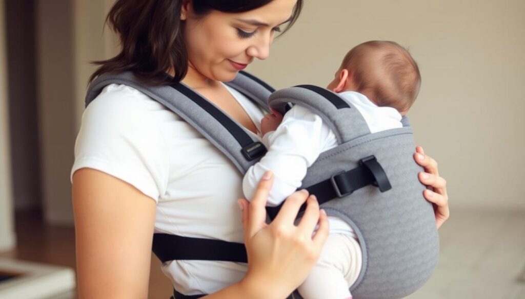A mother carefully supporting a newborn baby in an ergonomic baby carrier, with the baby's weight distributed evenly across her body. The carrier's design features padded shoulder straps and a sturdy waist belt, allowing the mother to maintain proper posture and balanced weight distribution. The scene is captured in a warm, natural lighting, showcasing the mother's gentle, nurturing embrace of the child. The background is a peaceful, uncluttered indoor setting, emphasizing the intimacy and comfort of the moment. The image conveys a sense of safety, security, and effortless caregiving, illustrating techniques to carry a baby without straining the back. A mother carefully supporting a newborn baby in an ergonomic baby carrier, with the baby's weight distributed evenly across her body. The carrier's design features padded shoulder straps and a sturdy waist belt, allowing the mother to maintain proper posture and balanced weight distribution. The scene is captured in a warm, natural lighting, showcasing the mother's gentle, nurturing embrace of the child. The background is a peaceful, uncluttered indoor setting, emphasizing the intimacy and comfort of the moment. The image conveys a sense of safety, security, and effortless caregiving, illustrating techniques to carry a baby without straining the back.