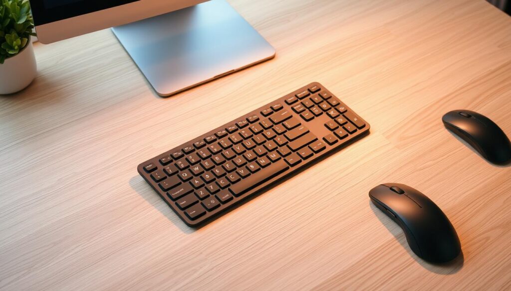 A sleek, ergonomic keyboard and mouse sit on a minimalist, wood-toned desk. The keyboard features a split-key design and low-profile keys, optimized for comfortable typing. The mouse has a contoured shape that fits naturally in the hand, with customizable buttons for smooth navigation. Soft, indirect lighting casts a warm glow, creating a cozy, productive atmosphere. The setup is designed to reduce strain and promote good posture, ideal for a busy mom working at the kitchen table. ergonomic laptop setup for moms