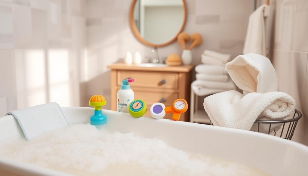A soothing, well-lit bathroom scene featuring an array of baby bathing essentials. In the foreground, a smooth, white ceramic bathtub filled with warm water and fluffy bubbles. Surrounding it, a neatly organized collection of colorful, ergonomic baby bathing tools - a soft washcloth, a nonslip baby bath mat, a gentle baby shampoo, a temperature-sensitive bath thermometer, and a plush hooded towel. In the middle ground, a wooden vanity with a mirrored surface, holding additional baby care items like a soft brush, a baby bath sponge, and a stack of clean, white washcloths. The background showcases serene, pastel-toned wall tiles, creating a calming, spa-like atmosphere perfect for a relaxing baby bathing routine.