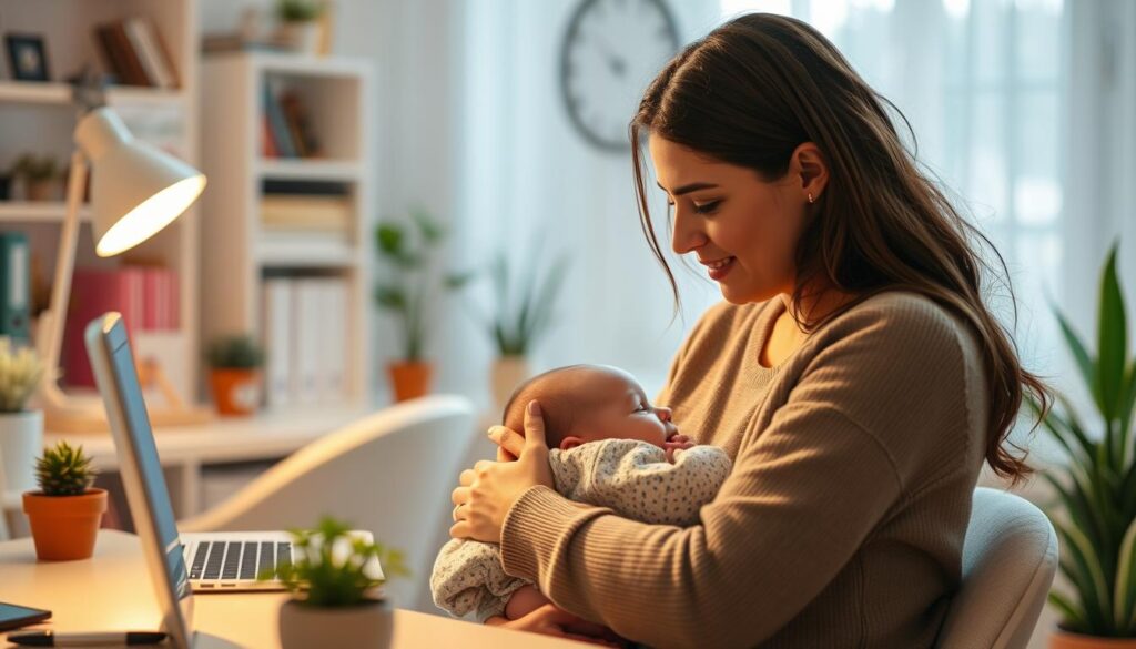 mother feeding baby in home office environment