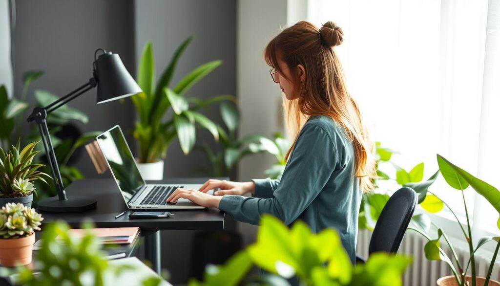 woman at a standing desk setup